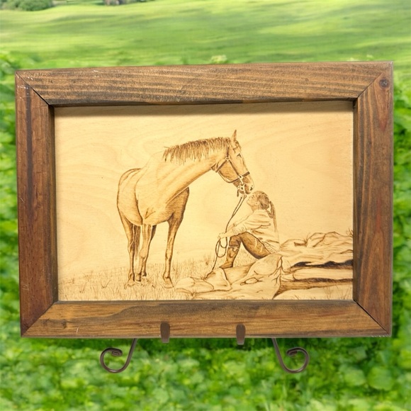 Woman and Her Horse Wood Burning Pyrograghy Art Folkart Rustic Western Prison